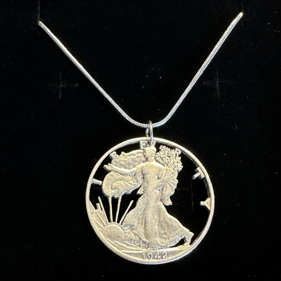 U.S. Walking Liberty Hand Cut Silver Coin Necklace with a snake chain - Mountainstruck Coin Jewelry