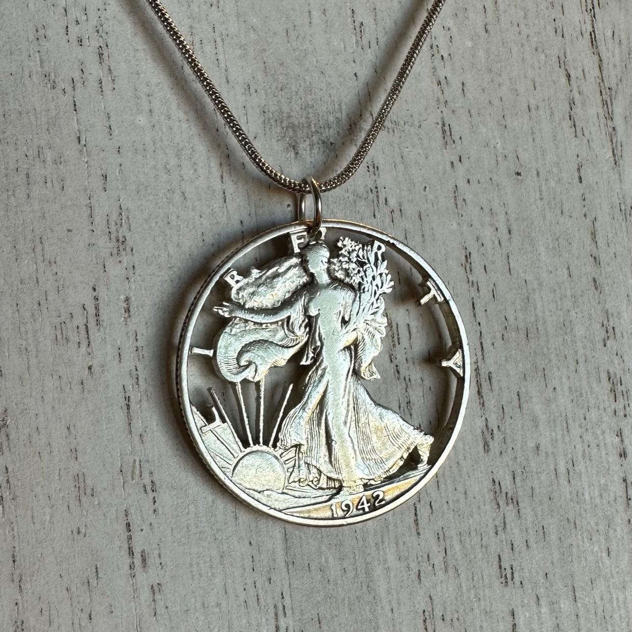 U.S. Walking Liberty Hand Cut Silver Coin Necklace with a snake chain - Mountainstruck Coin Jewelry