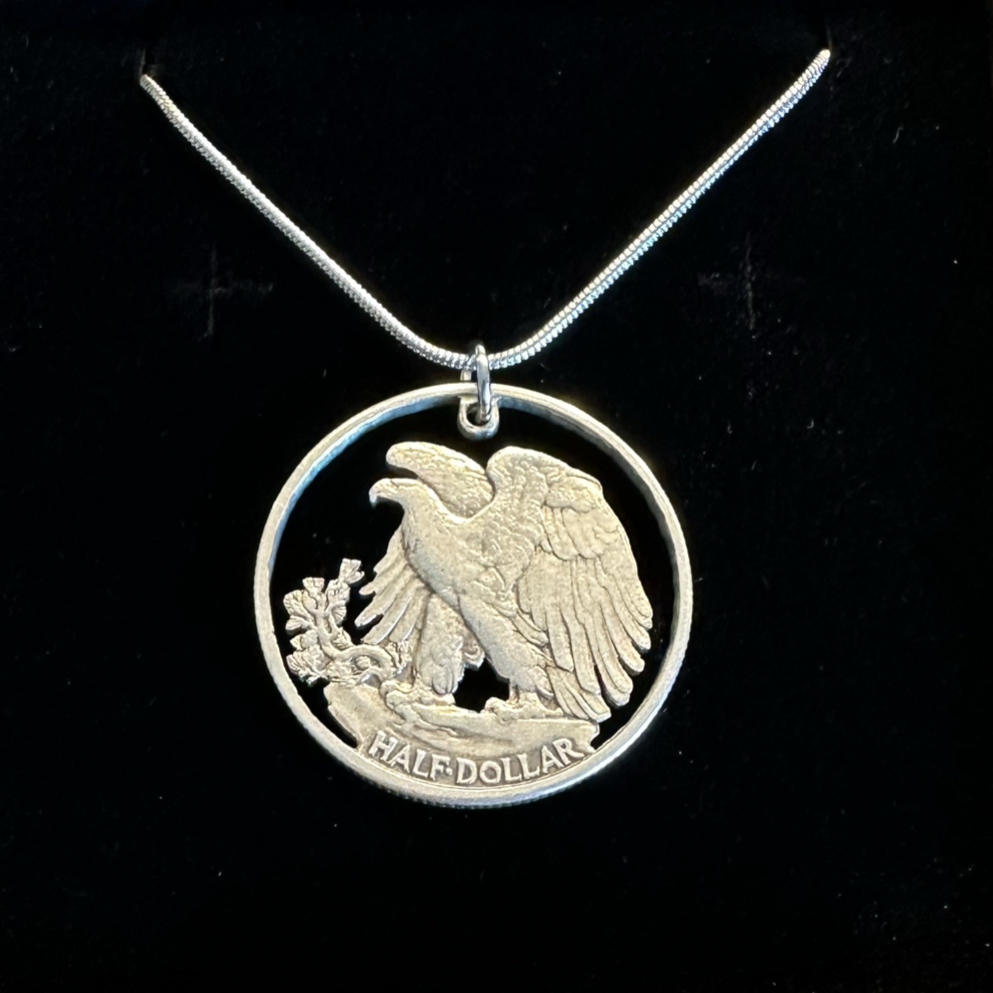 U.S. Walking Liberty Hand Cut Silver Coin Necklace (Eagle) with a snake chain - Mountainstruck Coin Jewelry