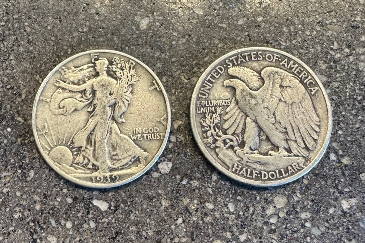 U.S. Walking Liberty Silver Coin on a concrete background. Front face of coin on the left in the picture and back side of the coin on the right. - Mountainstruck Coin Jewelry