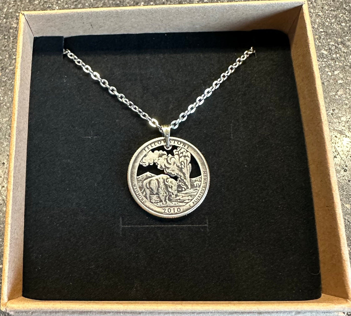 U.S. Yellowstone National Park Quarter Hand Cut Coin Necklace - Mountainstruck Coin Jewelry