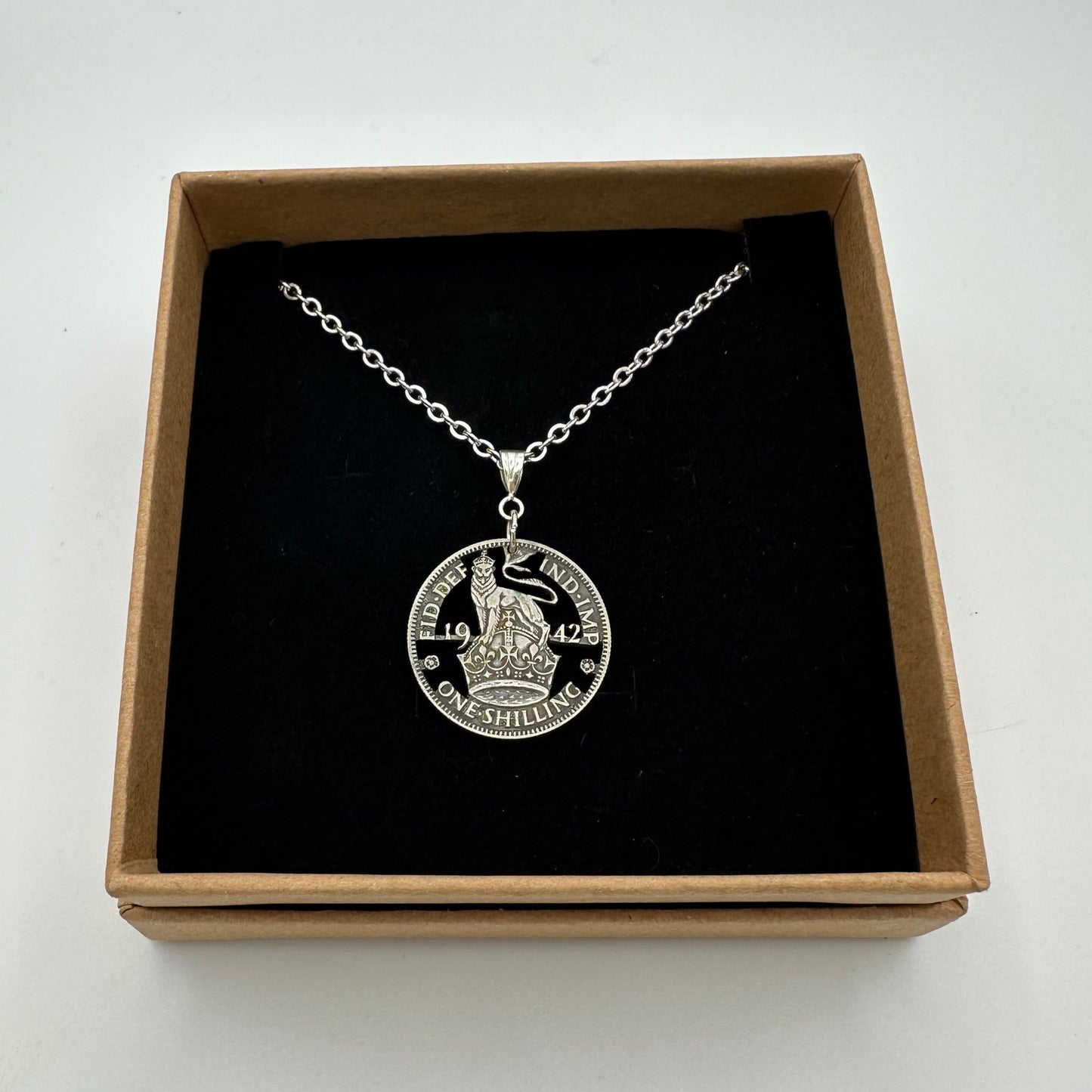 UK One Shilling Hand Cut Silver Coin Necklace with stainless chain - Mountainstruck Coin Jewelry