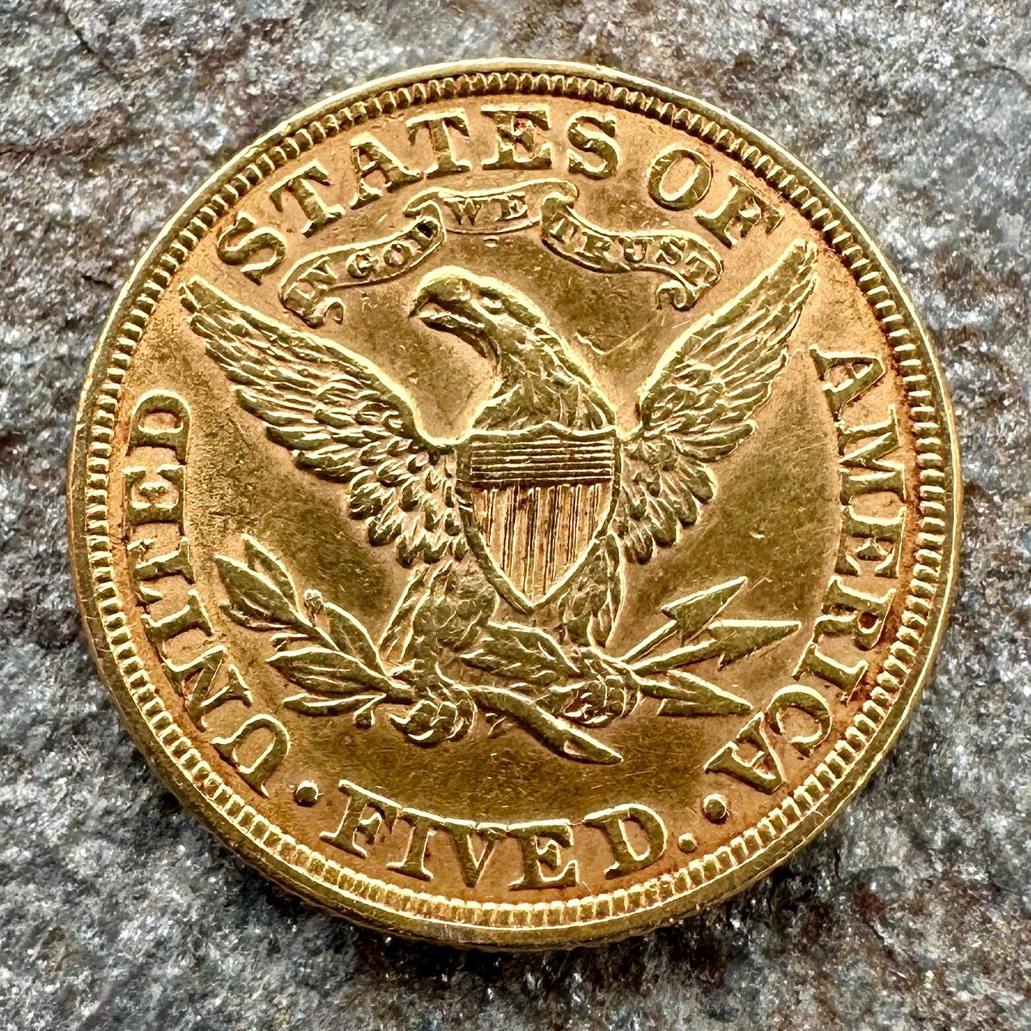 22k U.S. Gold Half Eagle $5 Coin back on a gray rock surface. - Mountainstruck Coin Jewelry