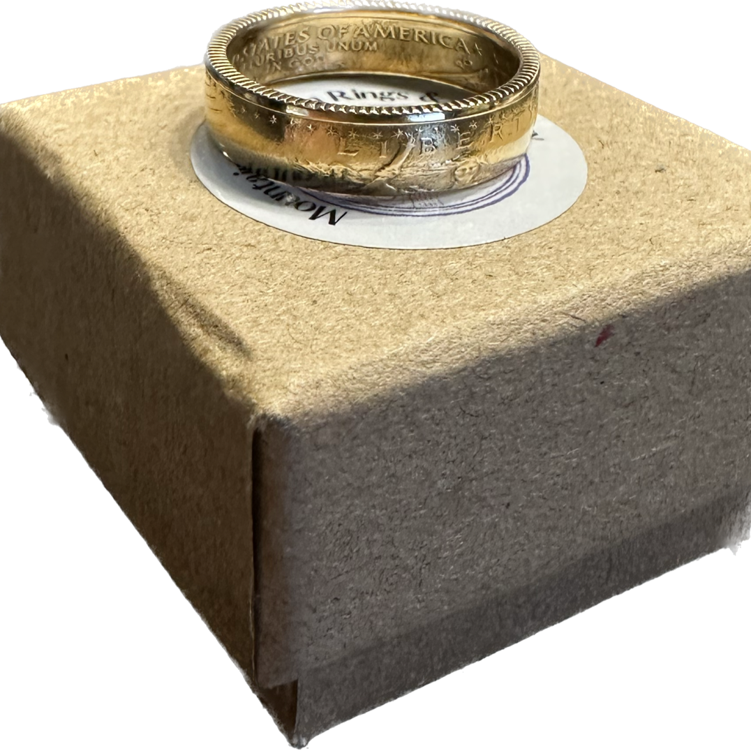 U.S. Gold Eagle 1/4 oz Fine Gold Coin Ring on a brown kraft box. - Mountainstruck Coin Jewelry