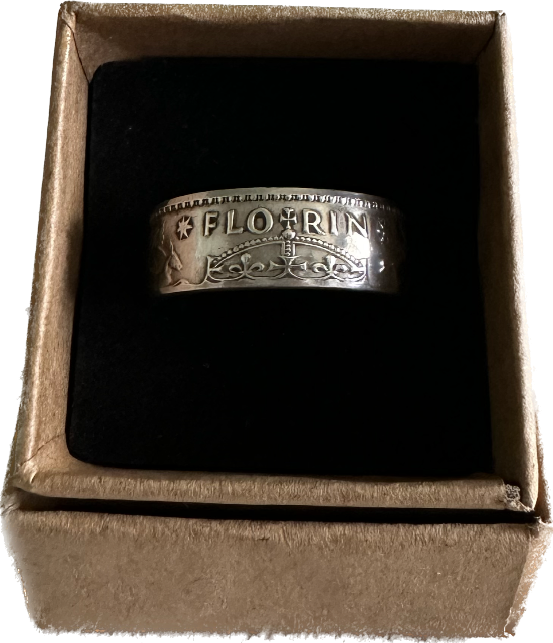 Australia Silver Florin Coin Ring in a brown kraft box on a black velvet background. - Mountainstruck Coin Jewelry