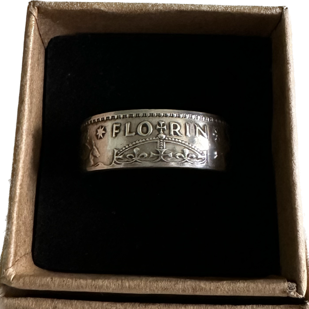 Australia Silver Florin Coin Ring in a brown kraft box on a black velvet background. - Mountainstruck Coin Jewelry