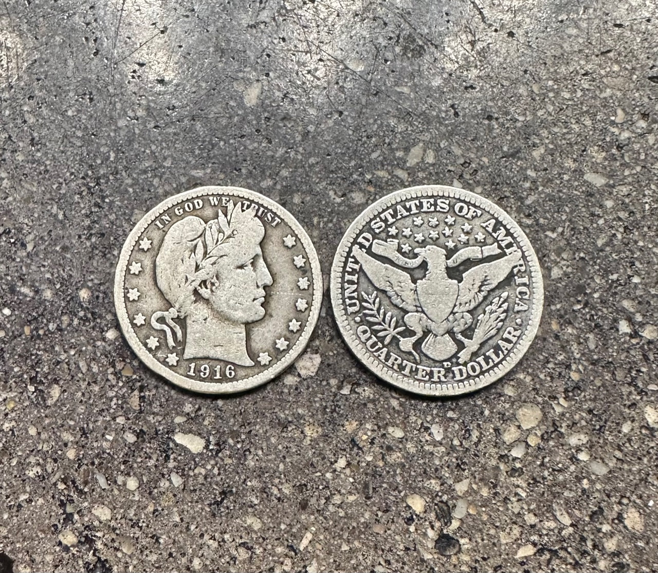 Barber Silver Quarter coin on a concrete background. Front of coin on the left and back of coin on the right. - Mountainstruck Coin Jewelry