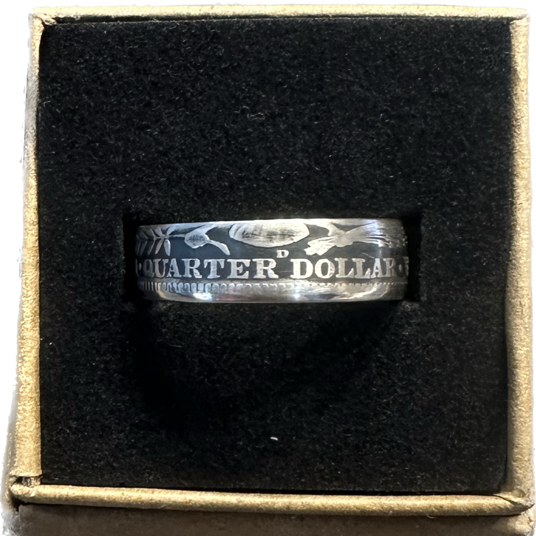 Barber Silver Quarter Coin Ring (reverse) in a brown kraft box on a black velvet background. - Mountainstruck Coin Jewelry