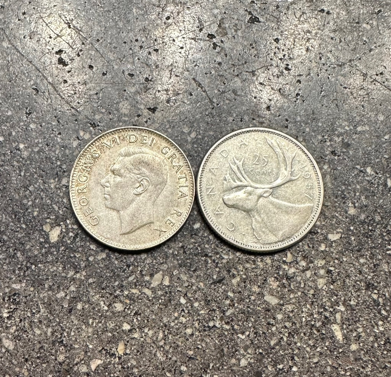 Canada 25 Cents Silver coin on a concrete background. Front of coin on the left and back of coin on the right. - Mountainstruck Coin Jewelry