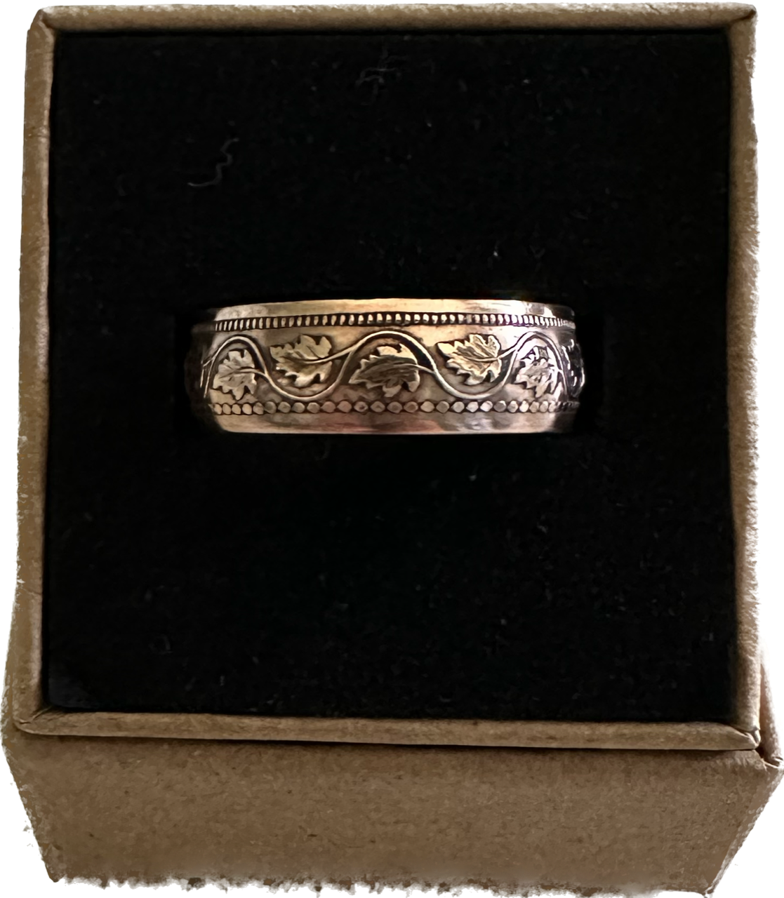 Canada Large Cent Leaf Coin Ring in a brown kraft box on a black velvet background. - Mountainstruck Coin Jewelry