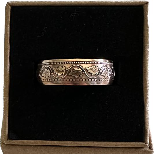 Canada Large Cent Leaf Coin Ring in a brown kraft box on a black velvet background. - Mountainstruck Coin Jewelry