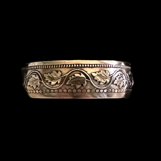 Canada Large Cent Leaf Coin Ring in a brown kraft box on a black velvet background. - Mountainstruck Coin Jewelry