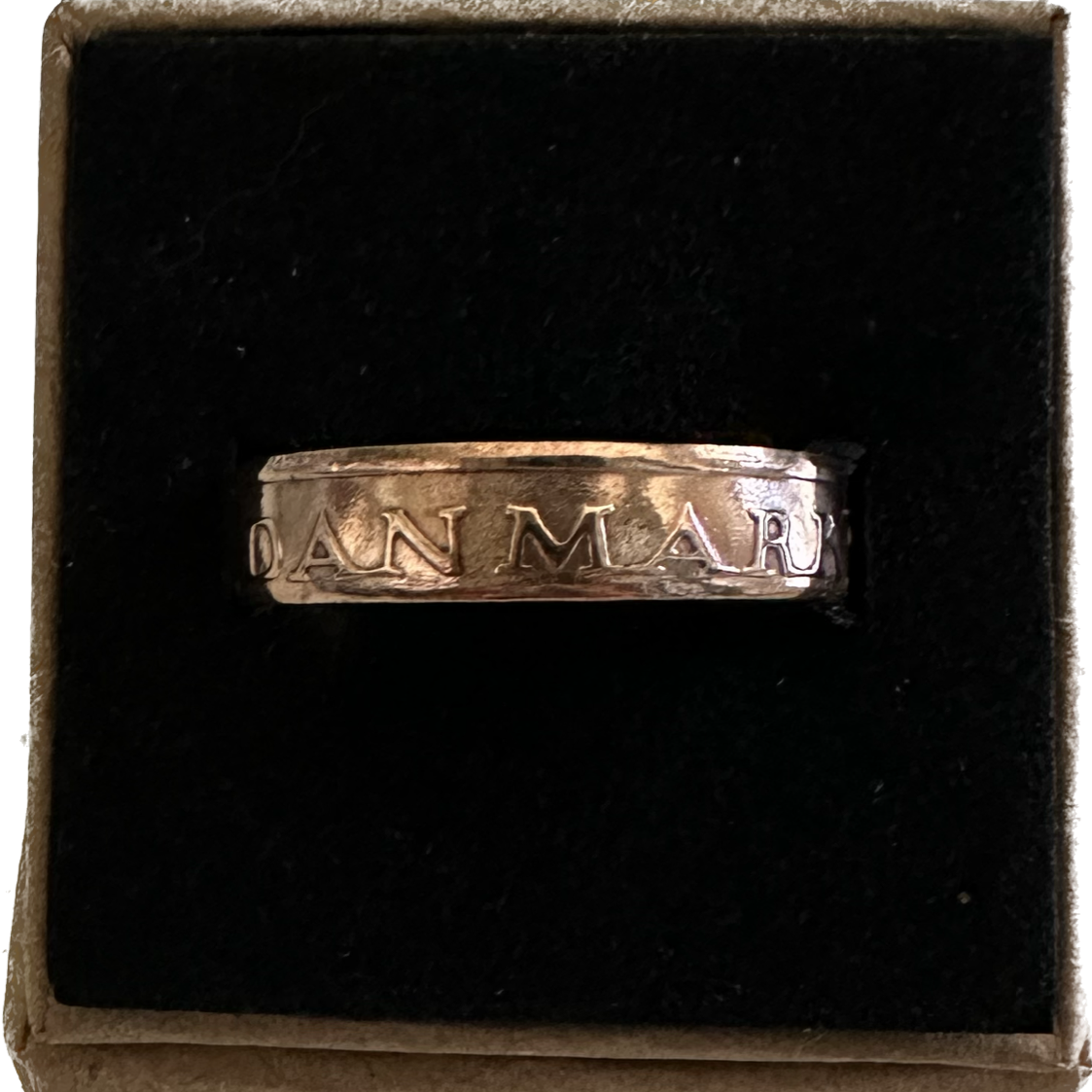 Denmark 5 Øre Coin Ring in a brown kraft box with a black velvet background. - Mountainstruck Coin Jewelry