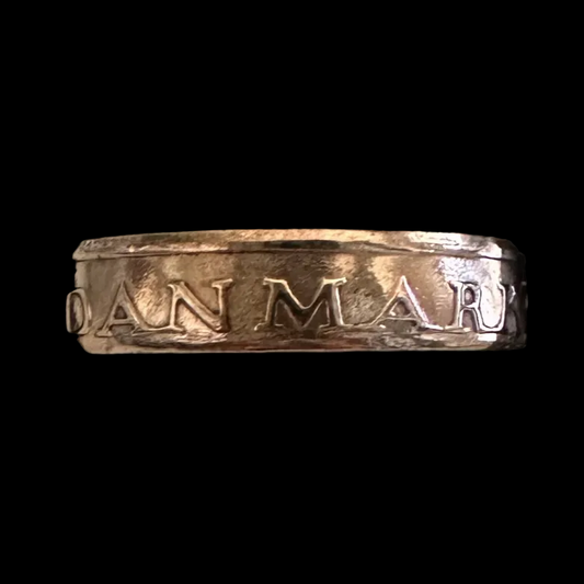 Denmark 5 Øre Coin Ring in a brown kraft box with a black velvet background. - Mountainstruck Coin Jewelry