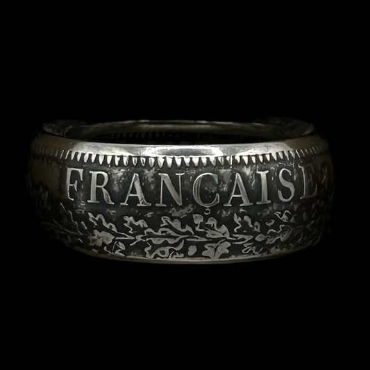 France Silver 10 Francs Coin Ring in a brown kraft box on a black velvet background. - Mountainstruck Coin Jewelry