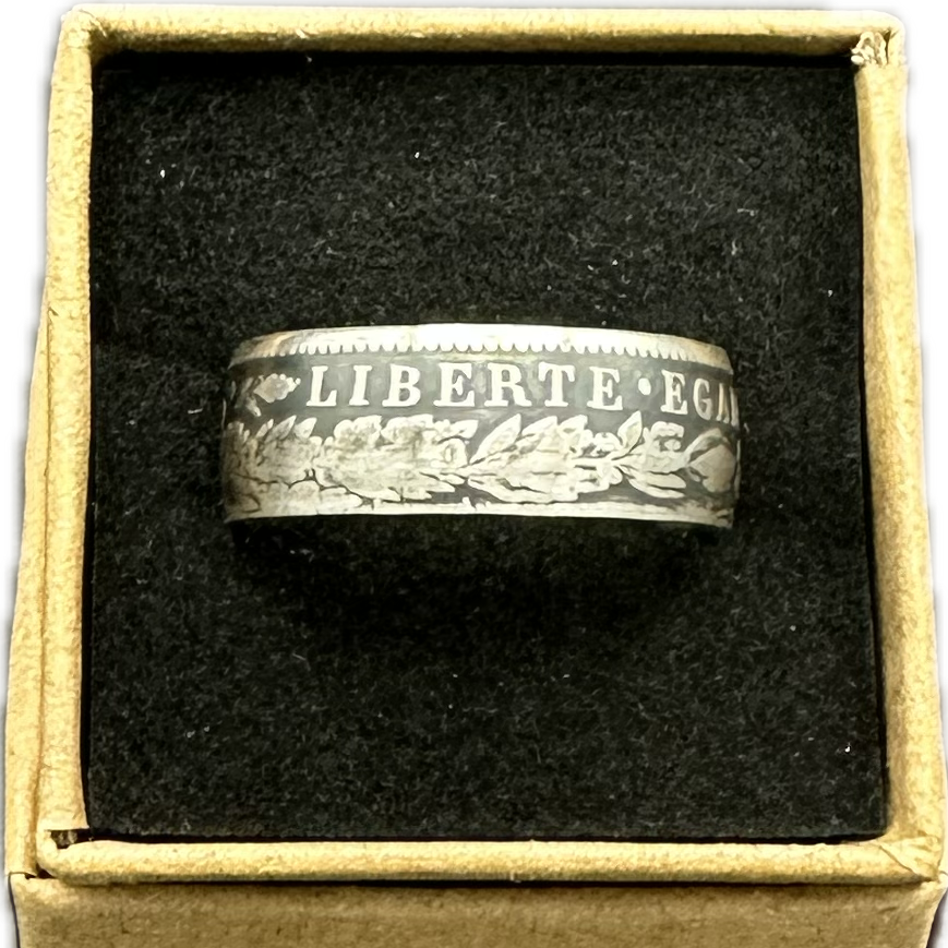 France 2 Franc Silver Coin Ring in a brown kraft box on a black velvet background. - Mountainstruck Coin Jewelry