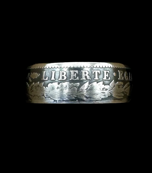 France 2 Franc Silver Coin Ring in a brown kraft box on a black velvet background. - Mountainstruck Coin Jewelry