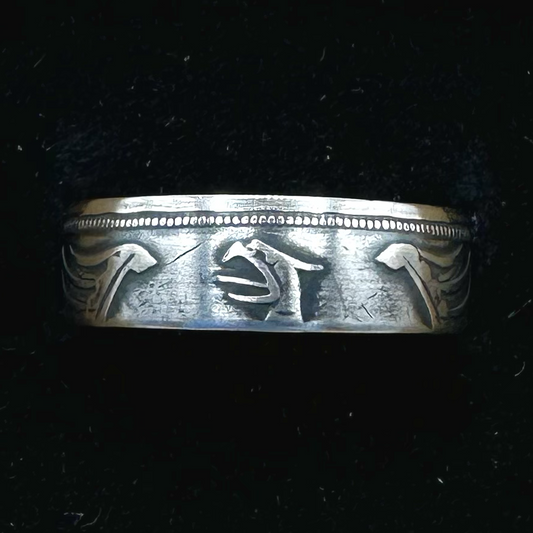 German Eagle 5 Mark Silver Coin Ring in a brown kraft box on black velvet background. - Mountainstruck Coin Jewelry