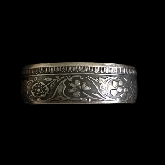 India Half Rupee Silver Coin Ring in a brown kraft box on a black velvet background. - Mountainstruck Coin Jewelry
