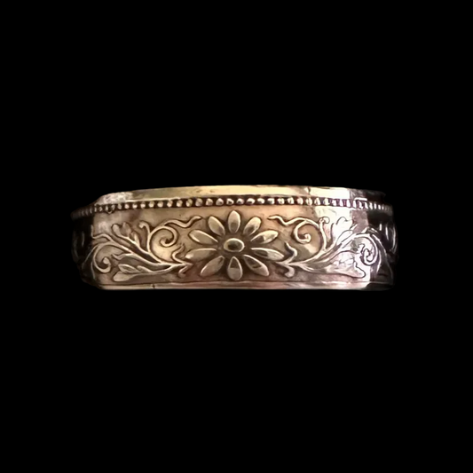 Japan One Sen Coin Ring in a brown kraft box on a black velvet background. - Mountainstruck Coin Jewelry