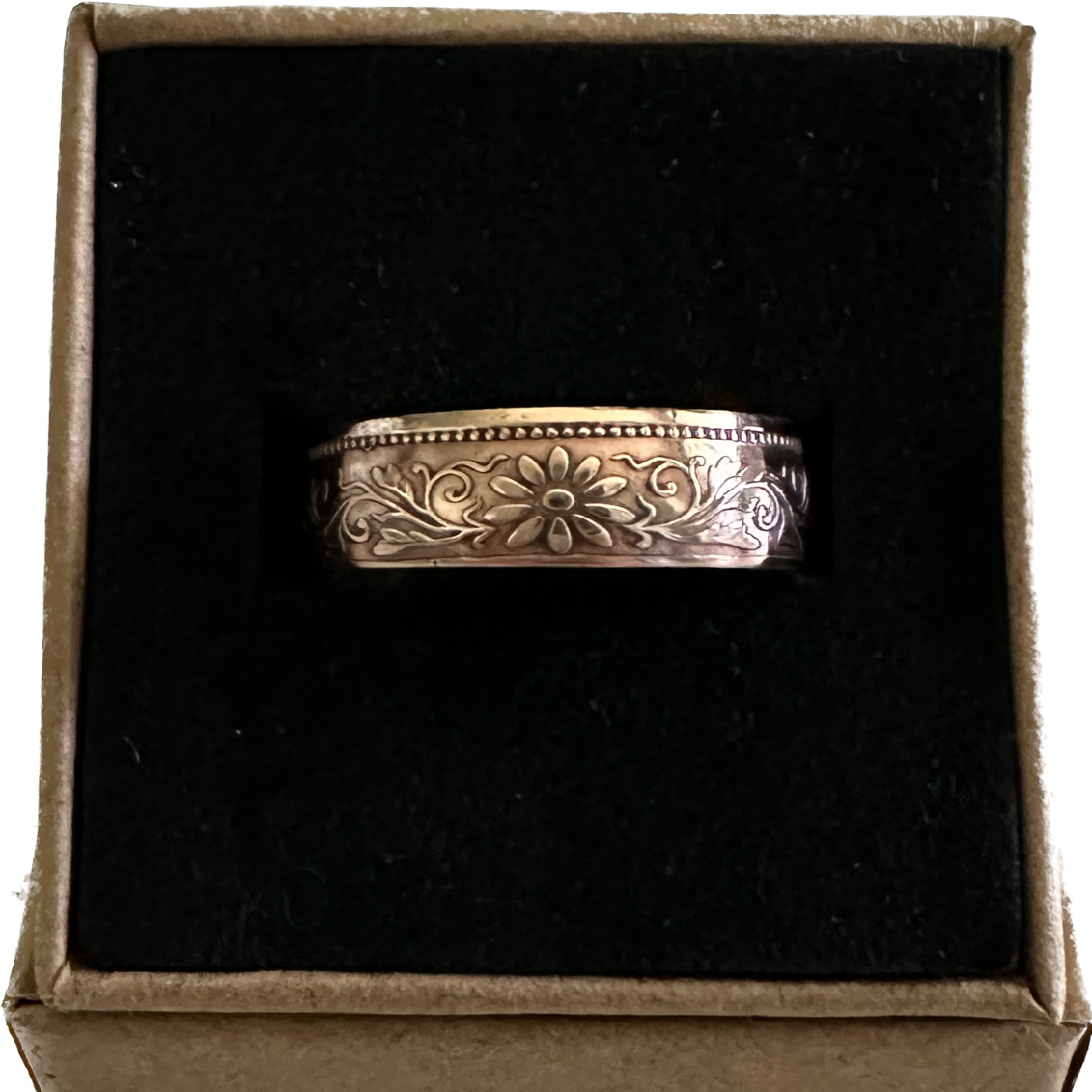 Japan Sen Coin Ring in a brown kraft box on a black velvet background. - Mountainstruck Coin Jewelry