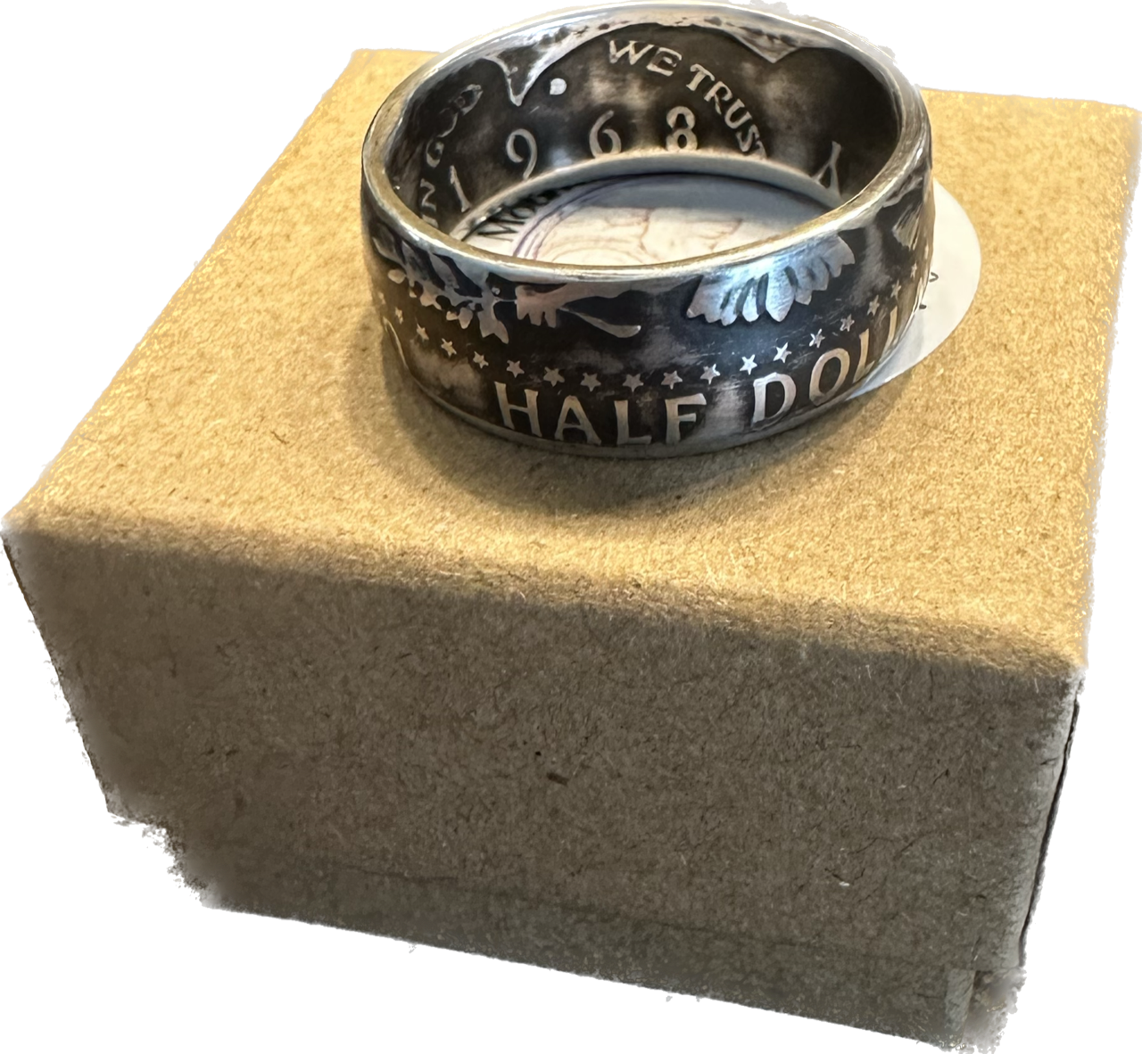 JFK Silver Half Dollar Coin Ring (reverse) on a brown kraft box. - Mountainstruck Coin Jewelry