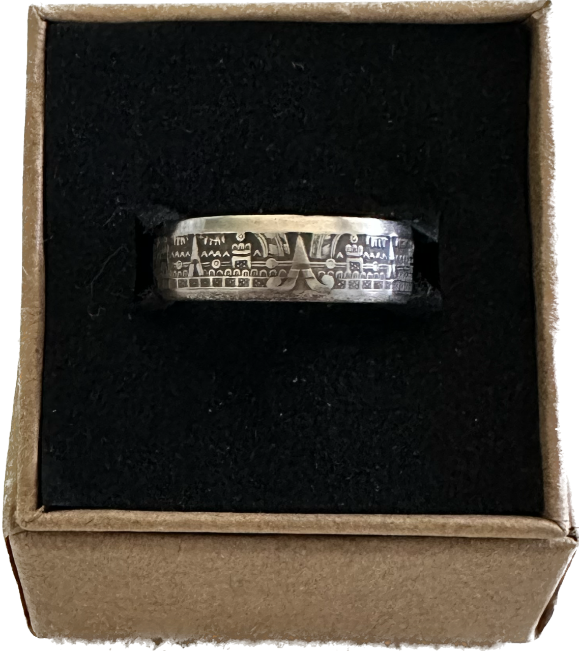 Mexico 10 Centavos Coin Ring in a brown kraft box on a black velvet background. - Mountainstruck Coin Jewelry