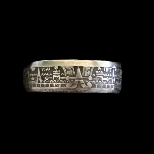Mexico 10 Centavos Coin Ring in a brown kraft box on a black velvet background. - Mountainstruck Coin Jewelry
