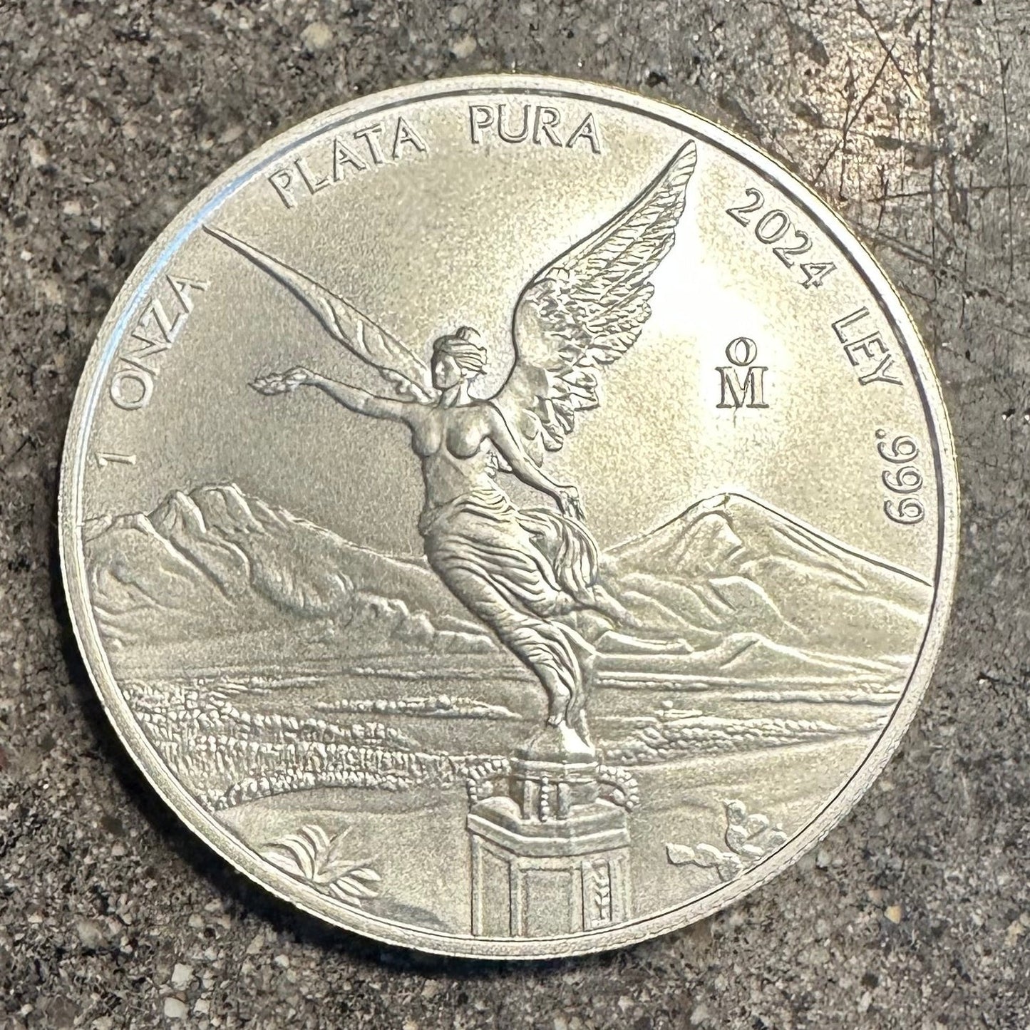 Mexico 1oz Libertad .999 Silver Coin front on a concrete background. - Mountainstruck Coin Jewelry