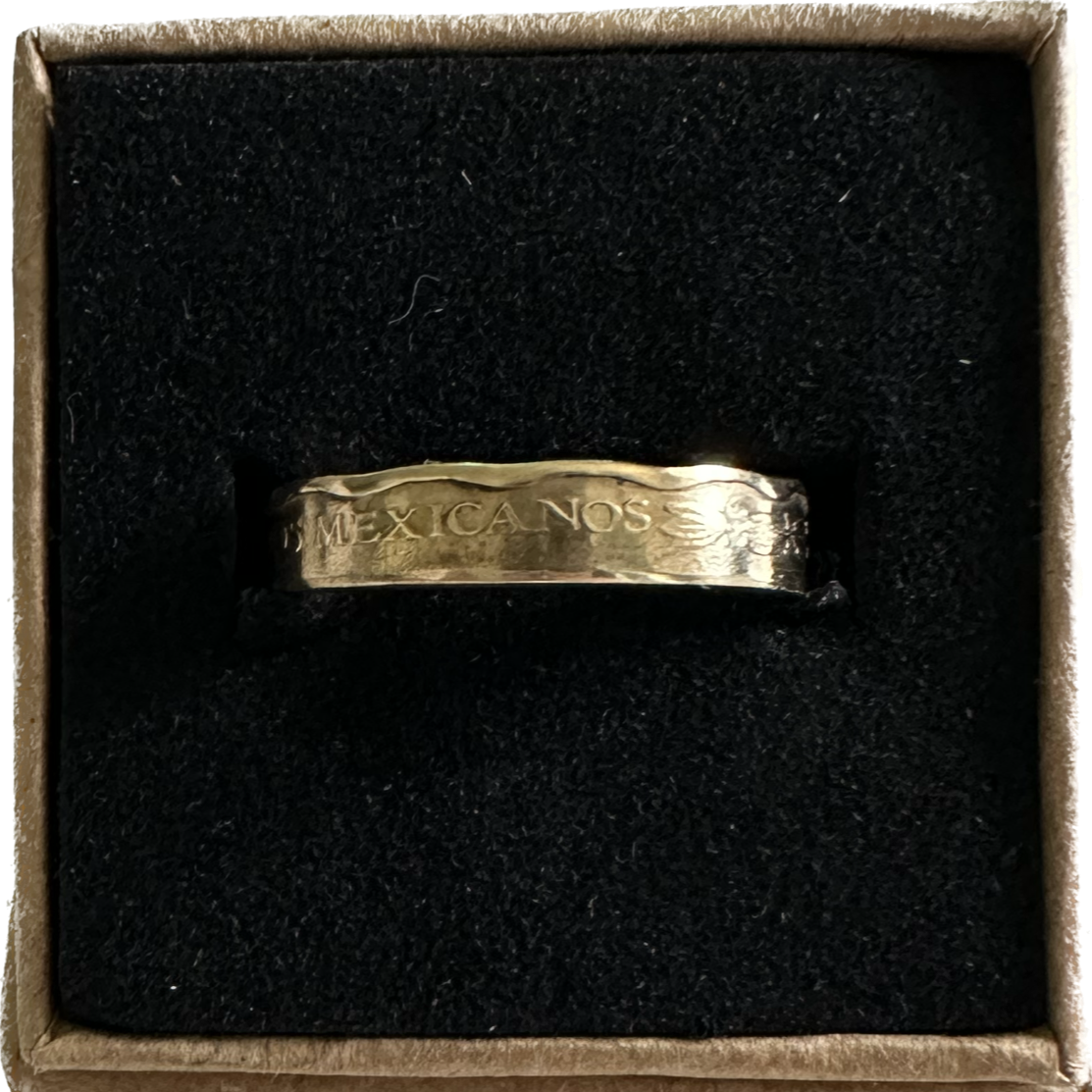 Mexico 50 Centavos Coin Ring in a brown kraft box on a black velvet background. - Mountainstruck Coin Jewelry