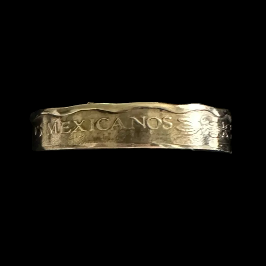 Mexico 50 Centavos Coin Ring in a brown kraft box on a black velvet background. - Mountainstruck Coin Jewelry