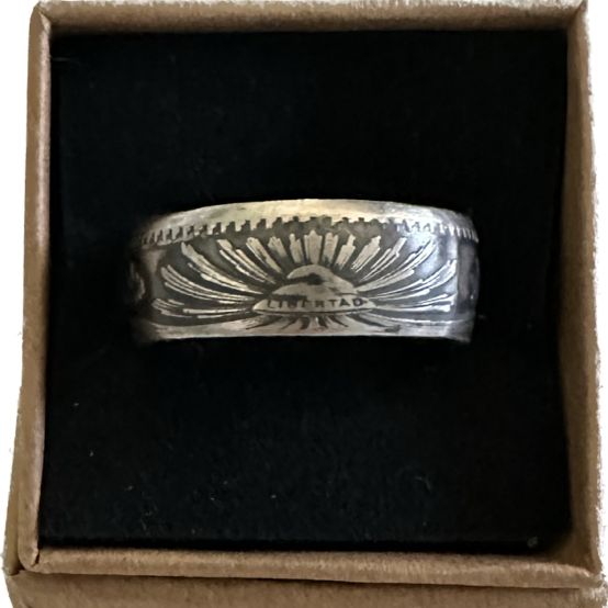Mexico 50 Centavos Silver Coin Ring (Rare) in a brown kraft box on black velvet background.- Mountainstruck Coin Jewelry