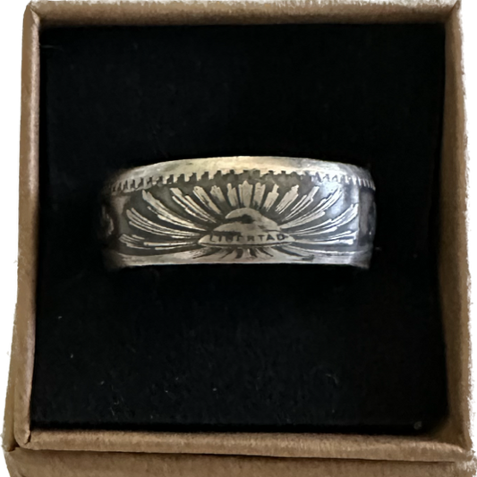 Mexico 50 Centavos Silver Coin Ring (Rare) in a brown kraft box on black velvet background.- Mountainstruck Coin Jewelry
