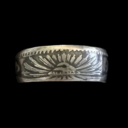 Mexico 50 Centavos Silver Coin Ring (Rare) in a brown kraft box on black velvet background.- Mountainstruck Coin Jewelry