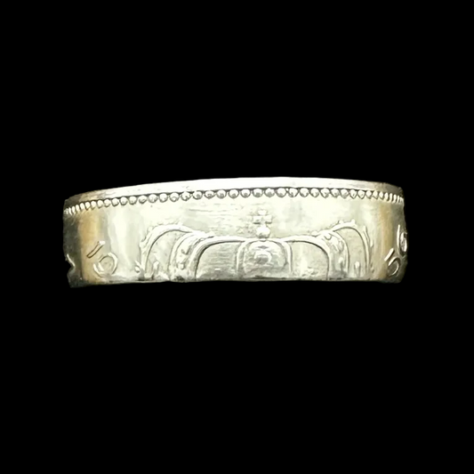 Netherlands 1 Gulden Silver Coin Ring in brown kraft box on a black velvet background. - Mountainstruck Coin Jewelry