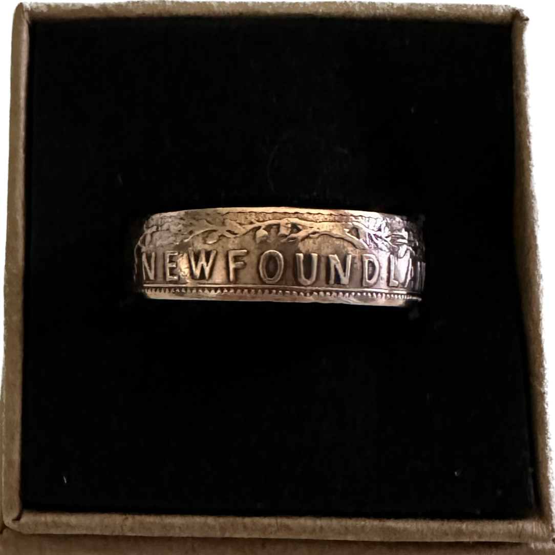 Newfoundland 1 Cent Coin Ring in a brown kraft box on a black velvet background. - Mountainstruck Coin Jewelry