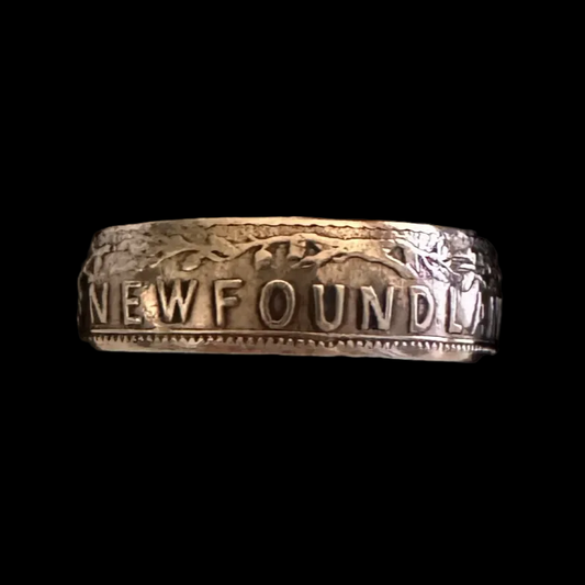 Newfoundland 1 Cent Coin Ring in a brown kraft box on a black velvet background. - Mountainstruck Coin Jewelry