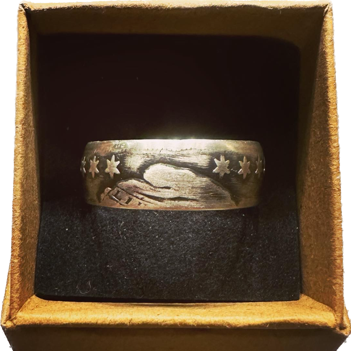 (Rare) Capped Bust Liberty Silver Half Dollar Coin Ring in brown kraft box with black velvet background. - Mountainstruck Coin Jewelry
