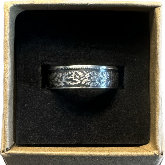 Swiss 1 Franc Silver Coin Ring in a brown craft box on a black velvet background. - Mountainstruck Coin Jewelry