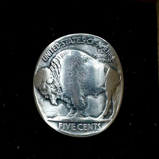 U.S. Buffalo Nickel Coin Signet Ring (Buffalo Side) on a black velvet background. - Mountainstruck Coin Jewelry