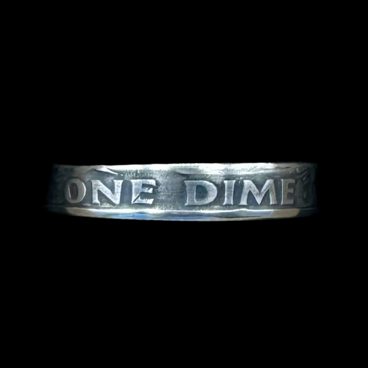 U.S. Dime Silver Coin Ring patina in a brown craft box on a black velvet background. - Mountainstruck Coin Jewelry