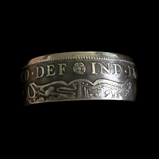 UK Half Crown Silver Coin Ring (1927-1936, G.B.) in a brown kraft box on a black velvet background. - Mountainstruck Coin Jewelry
