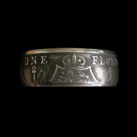 UK One Florin Silver Coin Ring in a brown kraft box on a black velvet background. - Mountainstruck Coin Jewelry