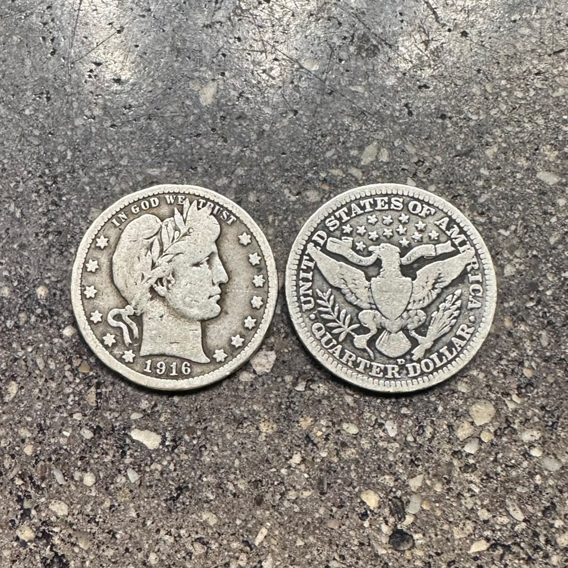 U.S. Barber Silver Quarter coin on a concrete background. Front of coin on the left and back of coin on the right. - Mountainstruck Coin Jewelry