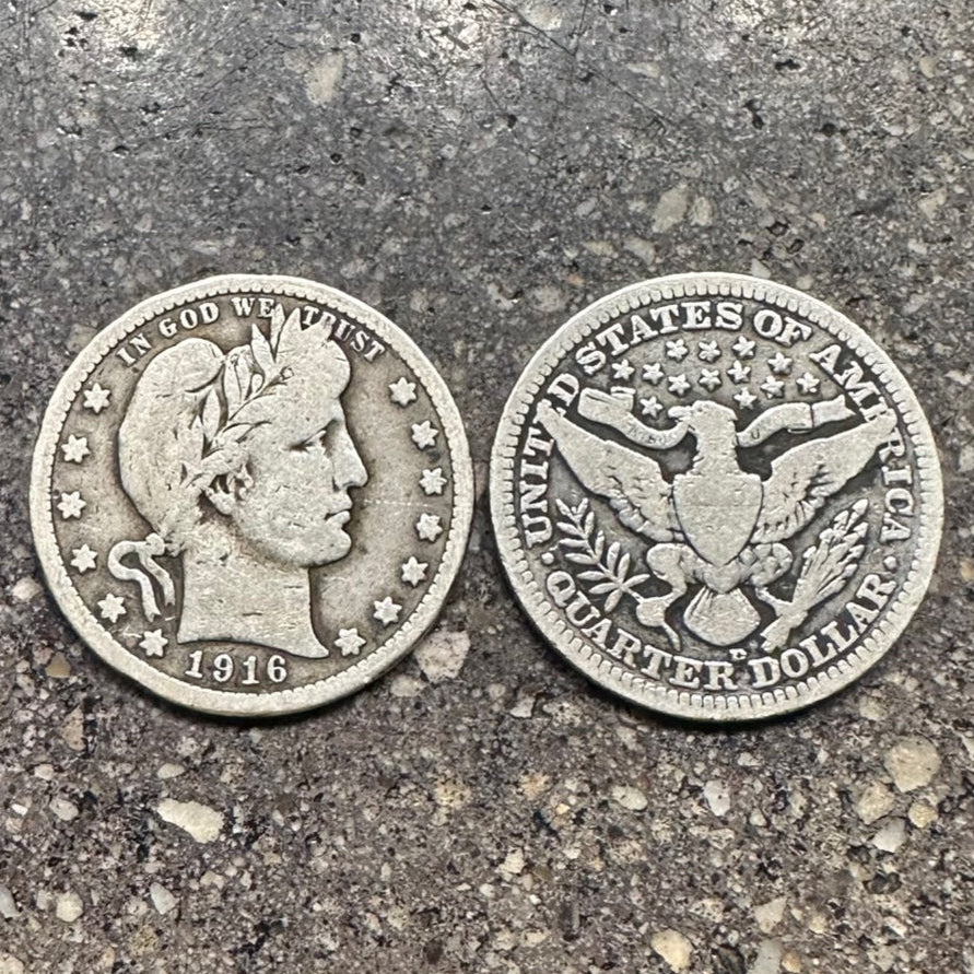 U.S. Barber Silver Quarter coin on a concrete background. Front of coin on the left and back of coin on the right. - Mountainstruck Coin Jewelry