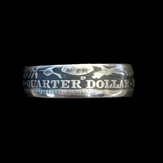 U.S. Barber Silver Quarter Coin Ring (reverse) in a brown kraft box on a black velvet background. - Mountainstruck Coin Jewelry