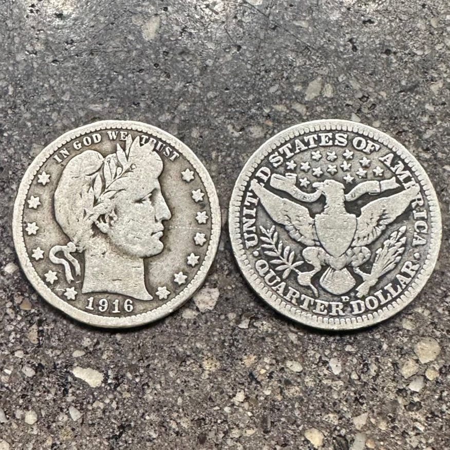 U.S. Barber Silver Quarter coin on a concrete background. Front of coin on the left and back of coin on the right. - Mountainstruck Coin Jewelry
