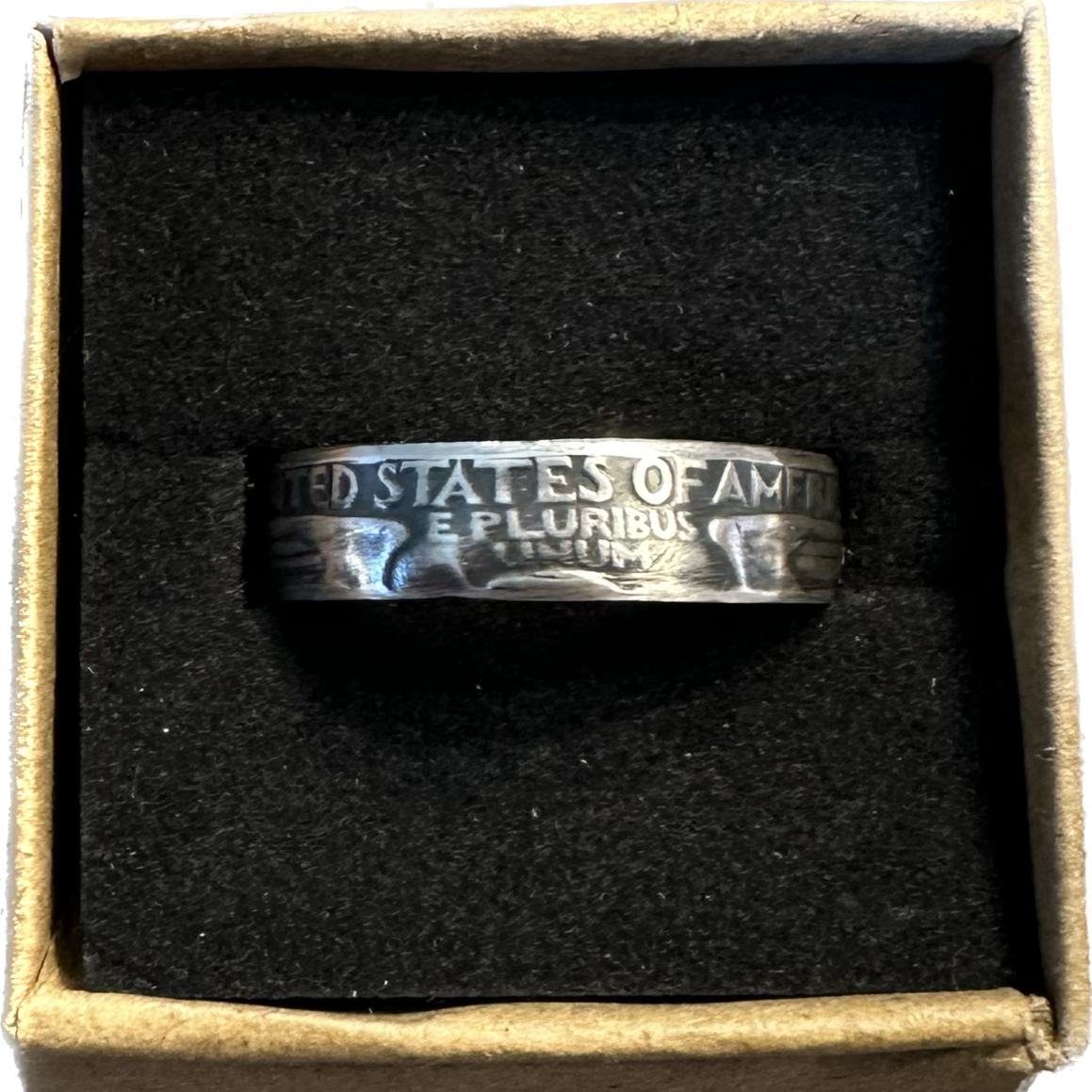 Washington Silver Quarter Coin Ring (reverse) in a brown kraft box on a black velvet background. - Mountainstruck Coin Jewelry