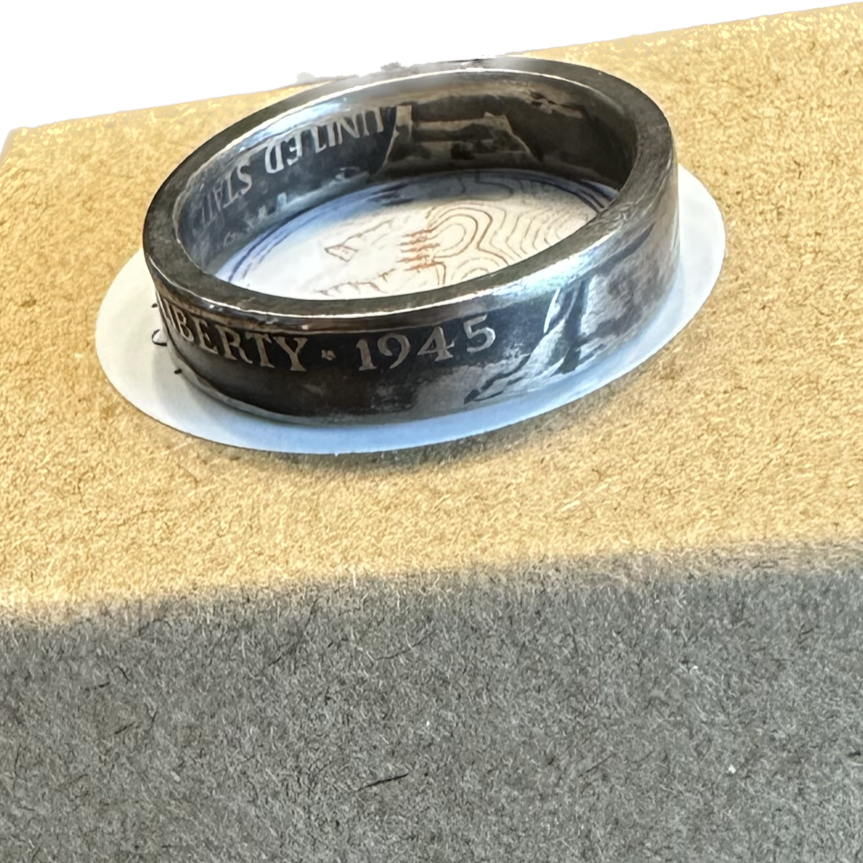 WW2 U.S. Silver Nickel Coin Ring on a brown kraft box. - Mountainstruck Coin Jewelry