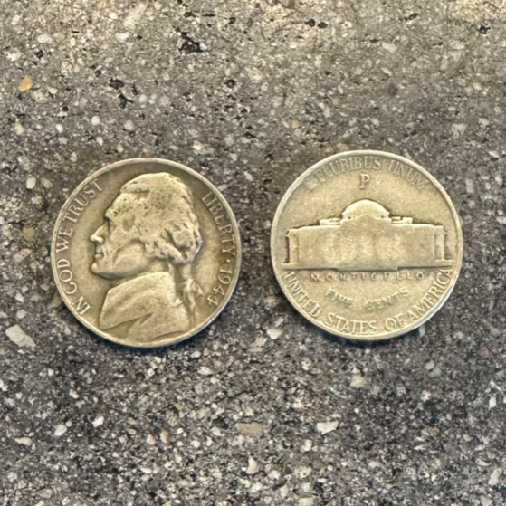 WW2 Nickel Silver Coins on a concrete background. Front side of coin on the left of the picture and back side of coin on the right. - Mountainstruck Coin Jewelry